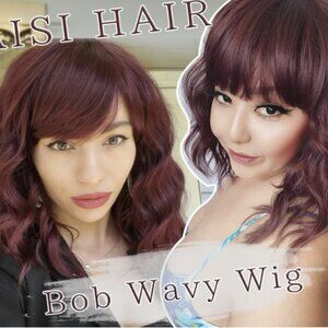AISI HAIR Wine Red Synthetic Wavy Curly Bob Wig with Bangs
